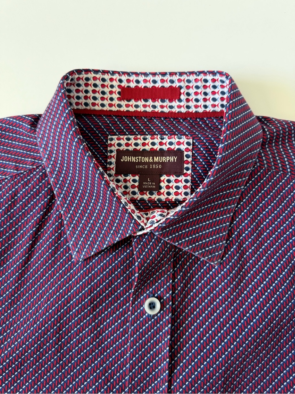 Johnston & Murphy Red Blue Patterned Button Casual Dress Shirt Flip Cuff Fish L